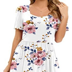 Womens Casual Square Neck Short Sleeve Summer Flowy Knee Length Dresses